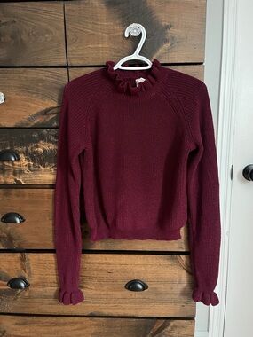 Divided Burgundy Ruffle Neck Knit Sweater